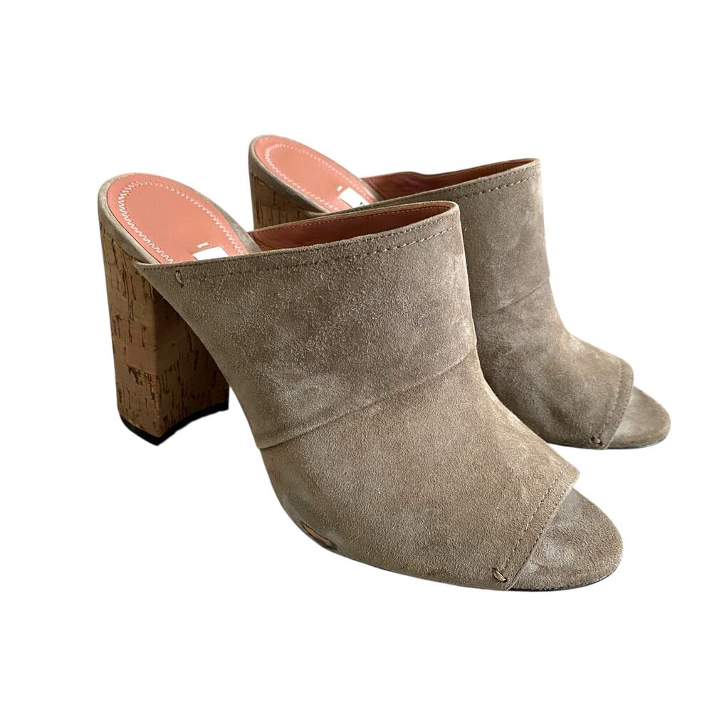 Bally Chiton Suede Cork Heeled Mules Fit Sz 6.5 Taupe Open Toe New w/ Small Flaw